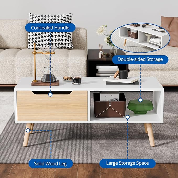 Cozy Castle Modern Coffee Table, Wooden Cocktail Table with Storage, Minimalist Hallway Table, Mid Century Modern Coffee Table for Living Room Apartment Reception, White-NeatNest