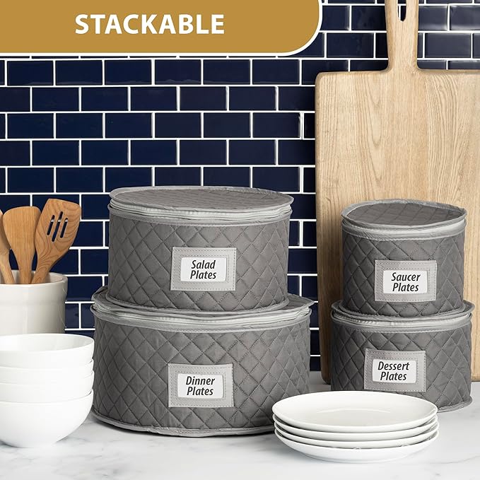 Fine China Storage - Set of 4 Quilted Cases for Dinnerware Storage. Sizes: 12" - 10" - 8" and 7" Wide - Gray - 48 Felt Plate Separators Included-NeatNest