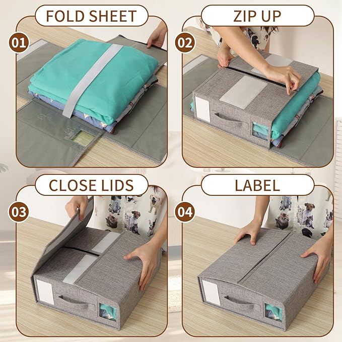 Foldable Sheet Set Organizer, Bed Sheet Storage Organizer with Visual Window, (Queen & King Size) Sheet Storage Box (6 Pack, Grey)-NeatNest
