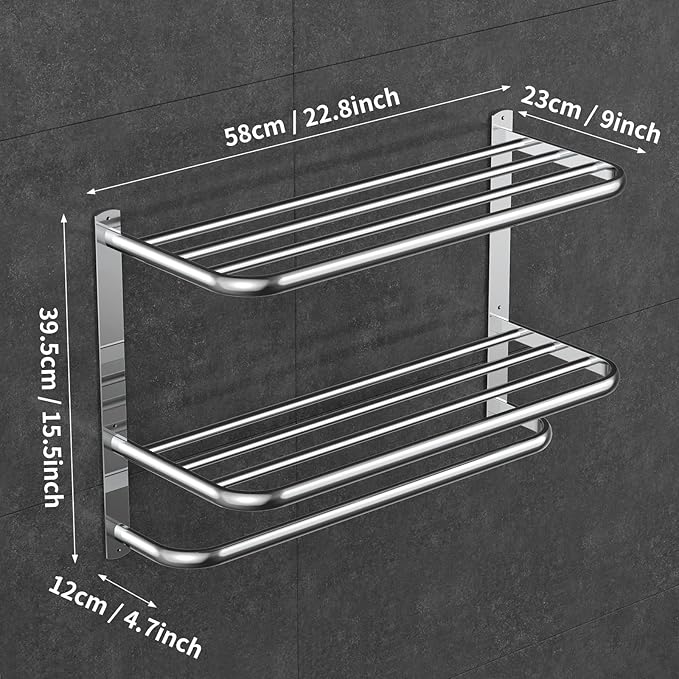 22.8Inch Towel Rack for Bathroom and Lavatory Towel Hanger with Wall Mount Towel Bars 304 Stainless Steel No Drill Tower Holder Shelf (Triple-Layered Towel Rack)