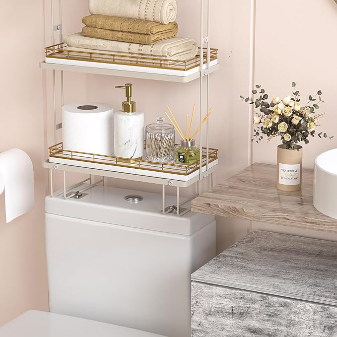 Bathroom Toilet Tank Tray, 13" Wood Toilet Paper Storage Basket Tray Back of Toilet Basket Organizer,Vanity Tray for Perfume Makeup Candle Decor, Gold & White-NeatNest