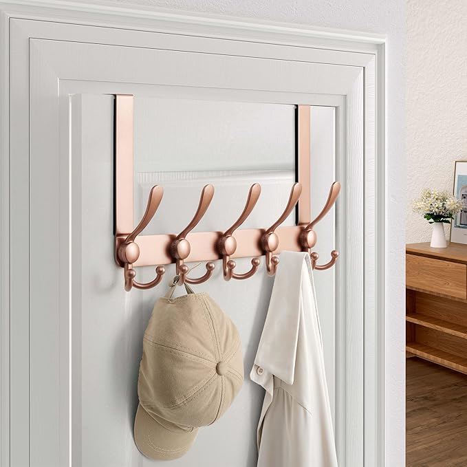 Dseap Over Door Hook 2.0 - Upgraded Version - Simple-Assembly, Strong, Heavy-Duty Stainless Steel 5-Tri-Hook Over The Door Hanger Rack, SimpleStrong Series, Rose Gold, Pack of 2