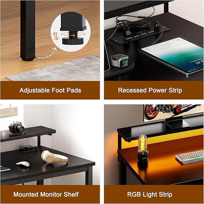 Need 60 inch Computer Desk with LED Lights & Power Outlets, Large Home Desk with Monitor Shelf, Writing Table Gaming Desk Home Office Desk, Black-NeatNest