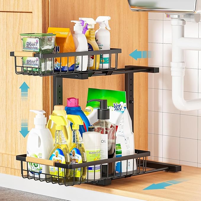 Under Sink Organizer Storage 1 pack, 2 Tier Slide Out Height Adjustable Pull Out Cabinet Organizer Drawers, Kitchen Bathroom Large Capacity Metal Under Sink Rack Caddy Basket Shelves, Black-NeatNest
