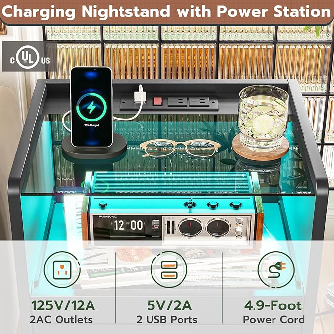 VIAGDO Nightstands Set of 2 with Charging Station and LED Lights, Black Night Stand Set 2 with Glass Top and Storage Drawers, End Side Tables with Pull-Out Tray, Modern Bedside Tables for Bedroom