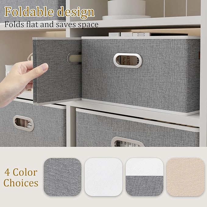 Yawinhe Fabric Storage Baskets, Foldable Closet Organizer for Shelves, Large Boxes with 3 Handles, Canvas Bins for Clothes, Grey, 12.99''Lx9.05''Wx7.87''H, 6-Pack-NeatNest