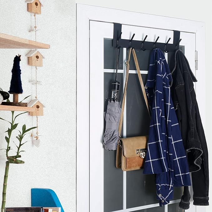 WEBI Over The Door Hook Door Hanger:Over The Door Towel Rack with 6 Coat Hooks for Hanging,Door Coat Hanger Towel Hanger Over Door Coat Rack for Towels,Clothes,Back of Bathroom,Black,2 Packs