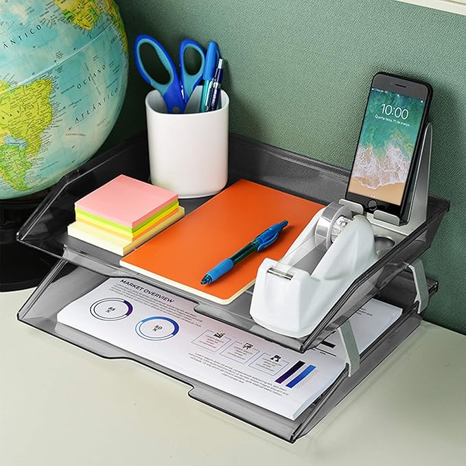 Acrimet Facility 2 Tier Letter Tray, Side Load, Letter Size/A4, Desktop File Organizer, Plastic (Clear Smoke Color)-NeatNest