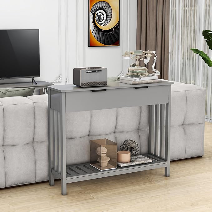 Entryway Table Console Table with Drawer and Storage Shelf, Narrow Sofa Table Entrance Enter Way Hallway Foyer Behind Couch Table (Gray with Drawer)-NeatNest