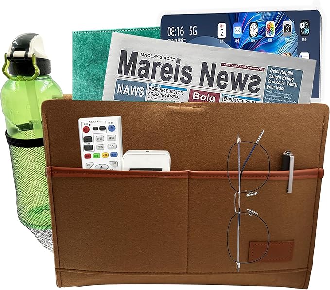 Bedside Caddy,Felt Bedside Storage Organizer, Hanging Storage for Dorm Bed Sofa for tablet Magazine Phone Remotes Water Bottle Holder (Khaki)-NeatNest