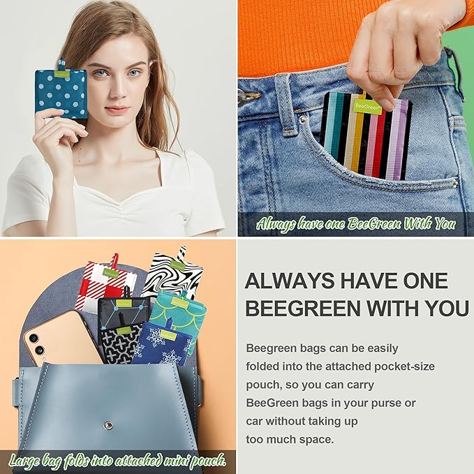 BeeGreen Reusable Grocery Bags Geometry Design - Pack of 6 Foldable Totes for Women with Pouch,X-Large 50lbs Capacity Machine Washable Polyester Sturdy Shopping Bags for Women Travel Shopping-NeatNest