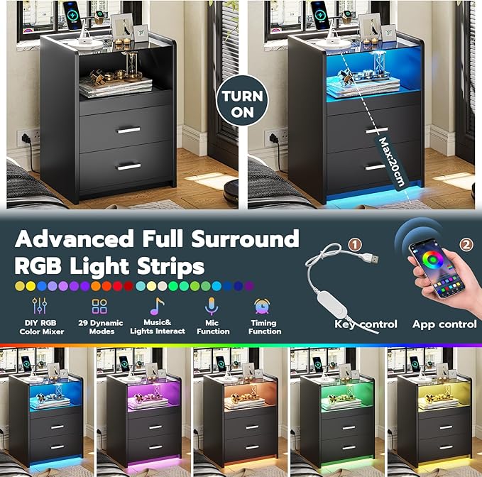 VIAGDO Nightstands Set of 2 with Charging Station and LED Lights, Black Night Stand Set 2 with Glass Top and Storage Drawers, End Side Tables with Pull-Out Tray, Modern Bedside Tables for Bedroom