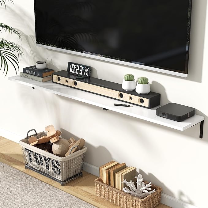 Fun Memories Deep Floating Shelves, 32W x 8D Floating Shelves Set of 2, Wall Mounted Shelf with Metal Brackets, Rustic Wood Wall Shelf for Bathroom, Kitchen and Living Room, White-NeatNest