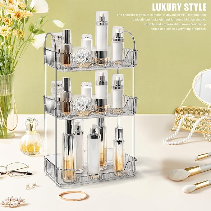 Bathroom Counter Organizer Countertop Storage Skincare Countertop Makeup Organizer Cosmetics Skincare Organizers Holder for Perfume-Grey-Silver Pole-3 Tier-NeatNest