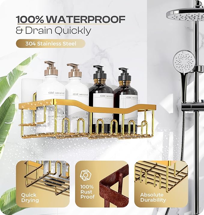 Luxury Style 5 Pack Stainless Steel Adhesive Shower Caddy Set - Rustproof Bathroom Organizer with Large Capacity Storage| No Drilling Shelves Shower Caddy Organizer | Bathroom Decor (Luxury Gold)