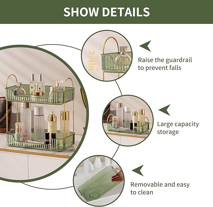 Bathroom Organizer Countertop, Vanity Trays for Bathroom, Skincare Makeup Shelf, Organizer, Counter Shelf Cosmetics, Toiletries, Lotions, Perfumes (2 Tiers, Green)-NeatNest