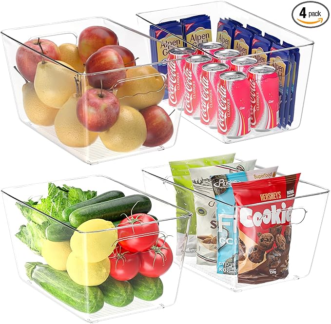 BALEINE Clear Plastic Storage Bins, Pantry Organization, BPA Free Stackable Refrigerator Organizers and Storage with Handles for Kitchen Fridge Cabinet Bathroom (4PK, 13x7.4x6.2)-NeatNest