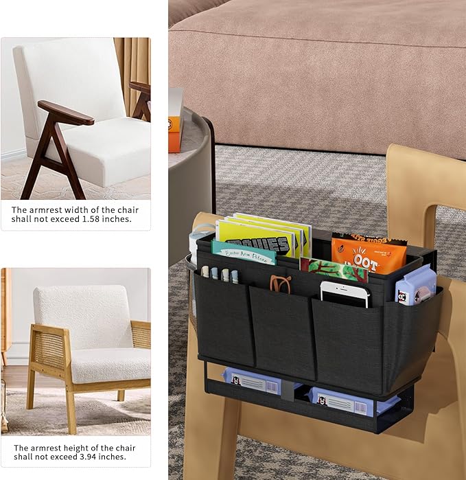 Bedside Caddy, Bed Organizer with 11 Pockets and Power Strip Holder,Versatile Bedside Storage Caddy for Home,Dorm,Bunk,Hospital,Crib Bed (Black)-NeatNest