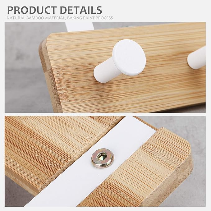 Badiano Over The Door Hook Hanger, Bamboo Coat Rack with 5 Metal Hooks, Wood Clothes Organizer for Coat, Towels, Bags, Robes (White)