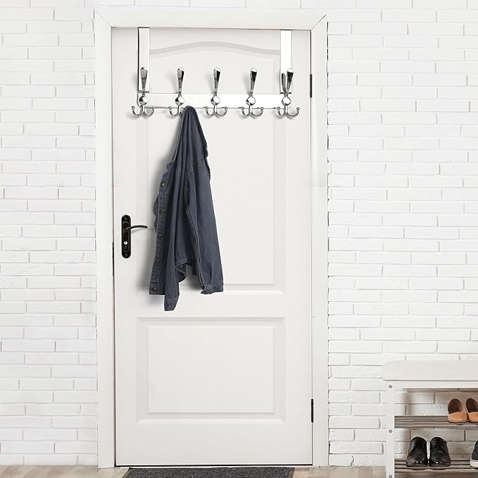 Dseap Over The Door Hook Hanger - 5 Tri Hooks, Heavy Duty Over The Door Towel Rack Coat Rack for Clothes Hat Towel, Chromed, 2 Packs