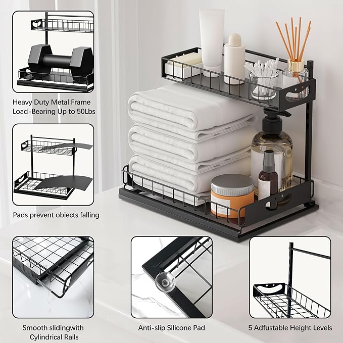 Under Sink Organizer with Pull-Out Drawers,Kitchen Sink Organizer,2 Tier Bathroom Organizers And Storage,Bathroom Accessories Set,Black 2 Pack-NeatNest
