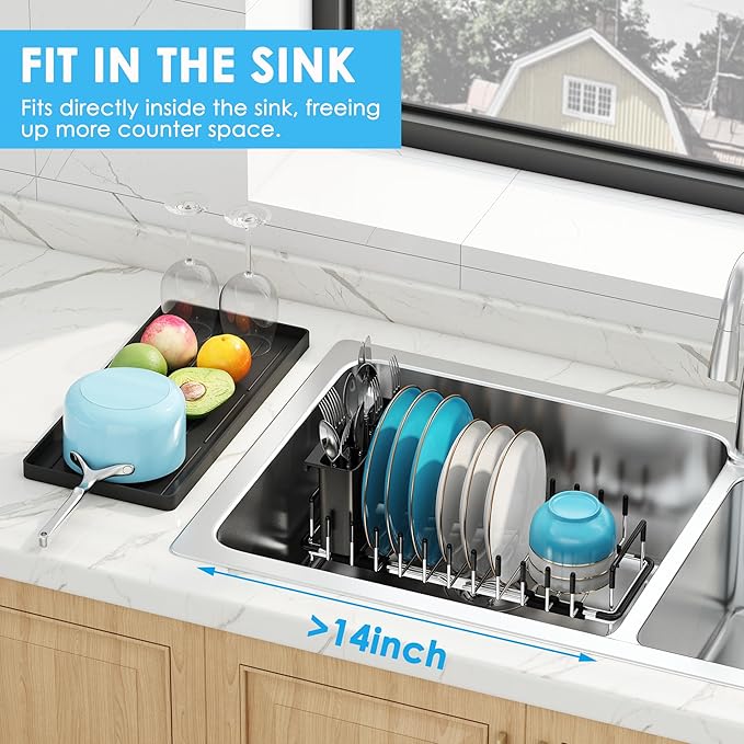 ANTOPY Small Dish Drying Rack - Expandable 304 Stainless Steel Rustproof Dish Rack Over Sink with Silicone Drying Mat & Cutlery Holder, Compact Dish Drainer for Kitchen Counter, Inside Sink, Silver