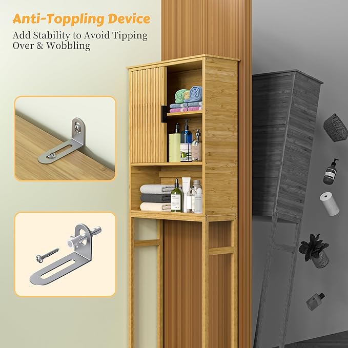 BlueWish Over The Toilet Storage Cabinet, Bamboo Over Toilet Storages with Fluted Door, Over The Toilet Cabinet Bathroom Organizer, Bathroom Shelf Over The Toilet, Storage Rack, Natural-NeatNest