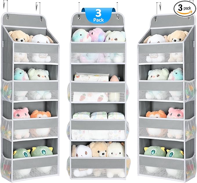 Yecaye 3 Pack 4-Tier Over The Door Organizer - Foldable Portable Baby Essentials for Stuffed Animal Storage - Multi-Purpose Bathroom Closet Organizers and Storage for Kids Newborn Baby Stuff Gray-NeatNest