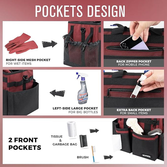 Compact Wearable Cleaning Caddy, Small Cleaning Caddy Supplies Organizer with Handle & Shoulder Straps for Housekeepers, Under Sink & Car Cleaning Tool Organizers Bag (AncoraRed)-NeatNest