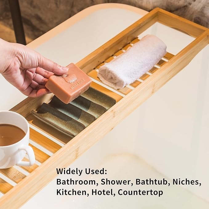 Draining Ceramic Soap Dish - Fluted Design, Bar Soap Holder for Shower & Bathroom, Soap Saver Sponge Lift, Green-NeatNest