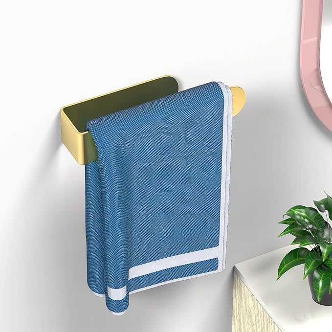 HUFEEOH Adhesive Hand Towel Holder, Kitchen Towel Hanger Towel Bars Wall Mounted, Stainless Steel Bath Towel Holder for Bathroom Hotel Kitchen (8 inch, Gold)