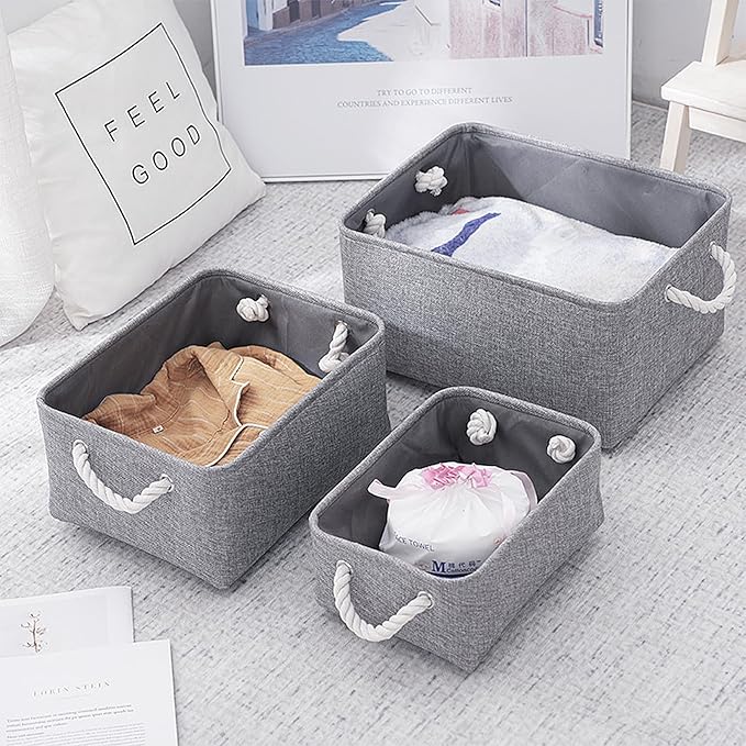 Fabric Storage Bins, 3 Pack Foldable Cube Baskets with Rope Handles, Large Collapsible Storage Cubes for Home, Office, Closet, Clothes, Books Organizer. (Gray, 3PCS/14*10.2*6.3inch)-NeatNest