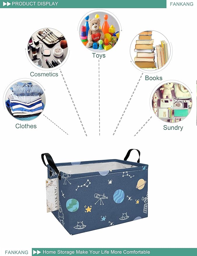 FANKANG Storage Bins, Nursery Hamper Canvas Laundry Basket Foldable with Waterproof PE Coating Large Storage Baskets for Kids Boys and Girls, Office, Bedroom, Clothes,Toys(Rec-Colorful Space