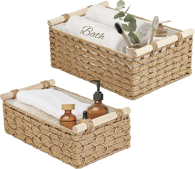 DECOMOMO Wicker Storage Basket, Back of Toilet Basket, Bathroom Organizer, Toilet Tank Tray, Countertop, Home Decor (Beige, Set of 2)-NeatNest