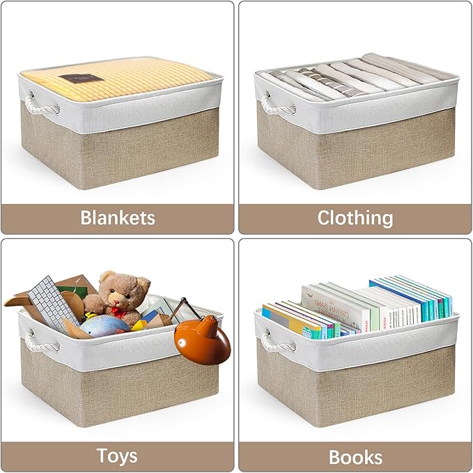 Fabric Storage Bins, 2 Pack Foldable Cube Baskets with Rope Handles, Large Collapsible Storage Cubes for Home, Office, Closet, Clothes, Books Organizer. (Khaki and White, 2PCS/14*10.2*6.3inch)-NeatNest