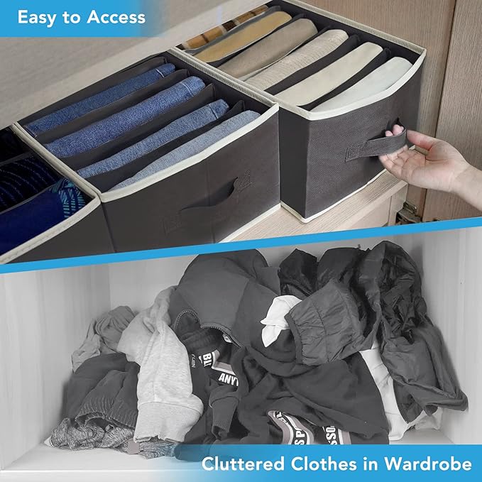 3 Pcs Large Size Wardrobe Clothes Organizers 6 Grids for Pants, Jeans, Sweater, T-shirt, Dress Stackable Closet Drawer Organizer Storage Bin Container with Sturdy Handles, Black-NeatNest