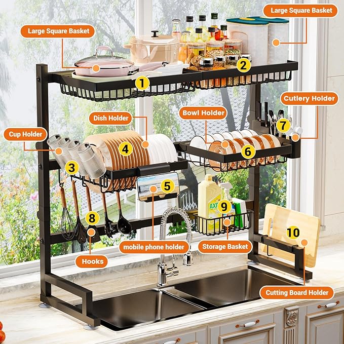 Over The Sink Dish Drying Rack 27-40L x 12W x 32.5-37H (inches) (Expandable Height and Length) Snap-On Design 2 Tier Large Dish Rack