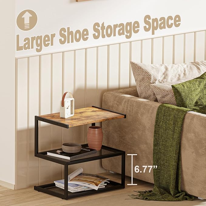 Shoe Rack, Unique 5-Shaped Free Standing Shoe Shelf, 3-Tier Wooden Shoe Organizer with Wooden Top and Steel Frame for Front Door Entrance, Entryway, Hallway, 16.54" D x 10.24" W x 16.14" H-NeatNest