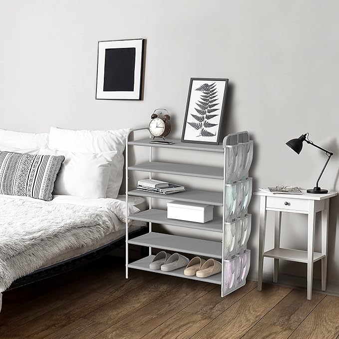 Simple Houseware 6-Tier Shoe Rack Storage Organizer w/Side Hanging Bag, Grey-NeatNest