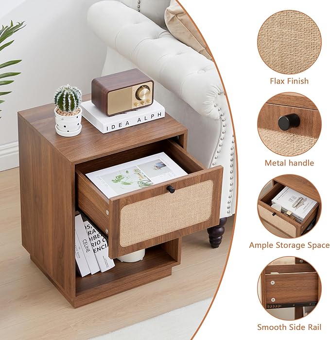 Mid Century Night Stand with Drawer, Farmhouse End Table with Storage & Curved Linen Panel, Modern Nightstands Bedside Table Small Side Tables for Small Space, Bedroom (Walnut)