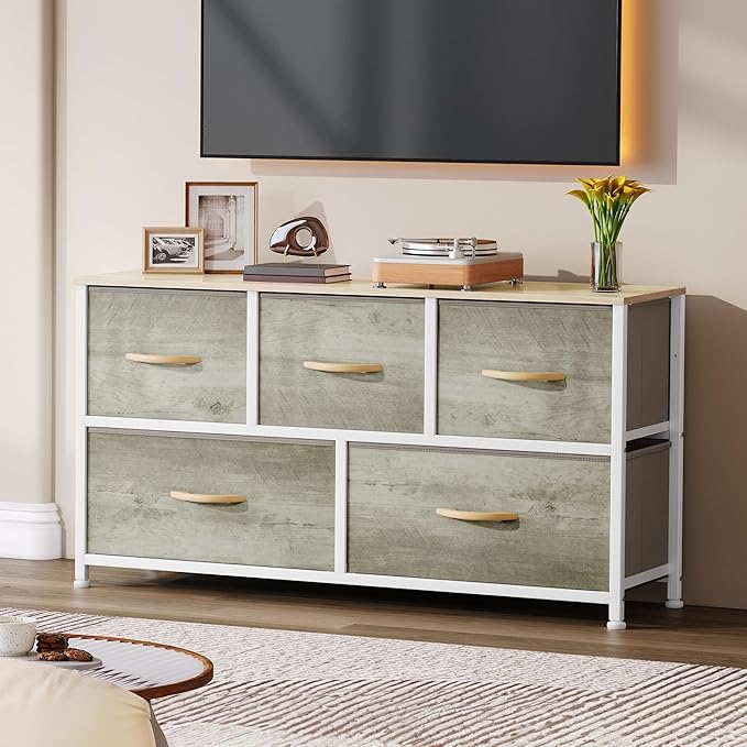 DWVO Wide Chest of Drawers, Dresser with 5 Drawers, Oak Grain Fabric Storage Tower, Dresser for Bedroom with 5 Drawers, Living Room, Closets - Sturdy Steel Frame, Wooden Top-NeatNest