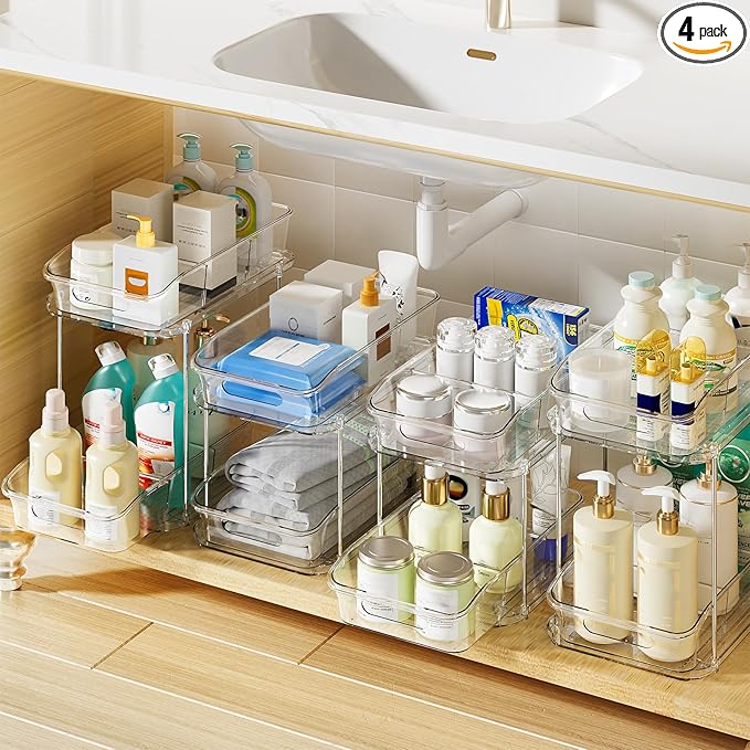 Delamu 4 Pack Bathroom Organizers and Storage, 2 Tier Clear Under Sink Organizer, Pull Out Medicine Cabinet Organizer-NeatNest