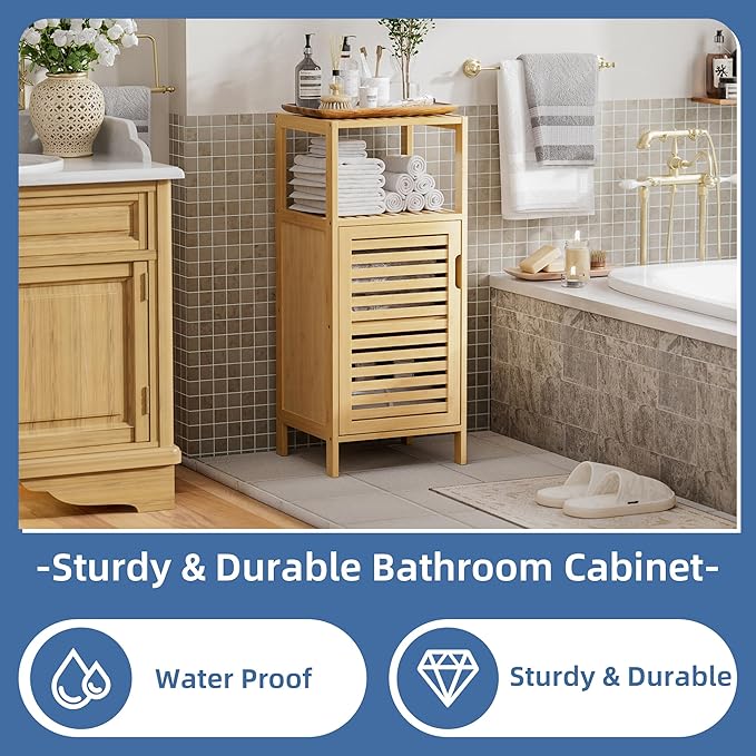 HITNET Bathroom Cabinet Freestanding, Small Bamboo Floor Cabinet, 4 Tier Single Door Sofa Side Table Storage Organizer, Space Saving Kitchen Cupboard, Natural