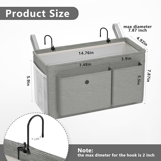 Bedside Caddy Bedside Organizer with Fixed Straps & Water Bottle Holder, Bunk Bed Caddy ideal for Home, Dorm, Hospital, Crib, Versatile Bedside Storage Solution (Grey)-NeatNest