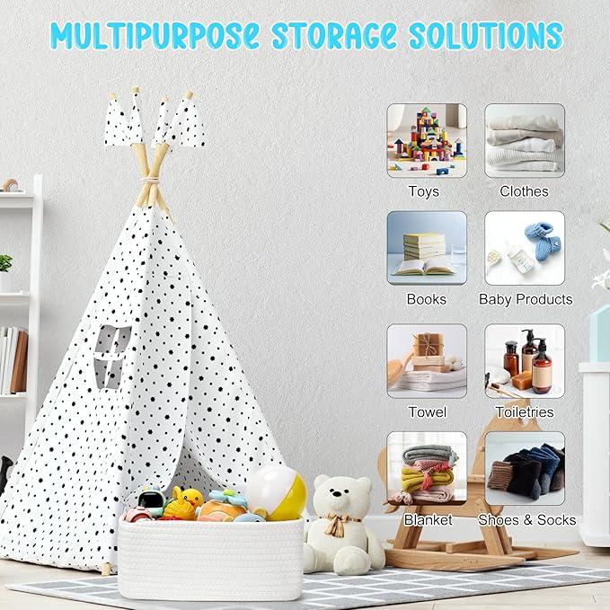 3-Pcs Shelf Baskets for Organizing, Closet Organizer Bins, Small Woven Baskets, Rope Toy Basket, Storage Basket for Shelves, Cube Decorative Box, 11.8×7.8×5.1”, White-NeatNest