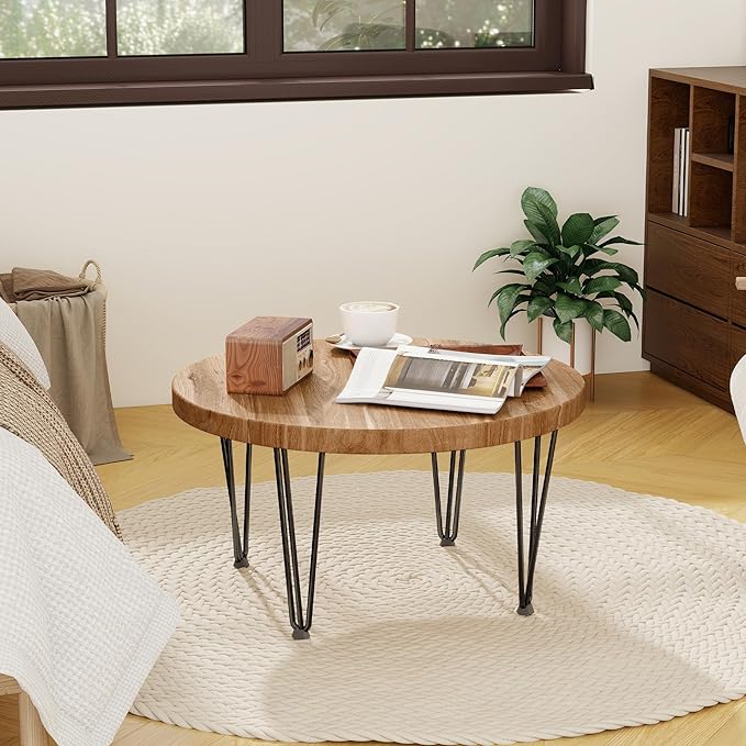 Fun Memories Round Coffee Table - Elm Wood Nesting Table with Metal Legs & Non Slip Feet Base - Rustic Nesting End Tables for Living Room Bedroom - 27.5" D x 27.5" W x 16" H - Natural Color