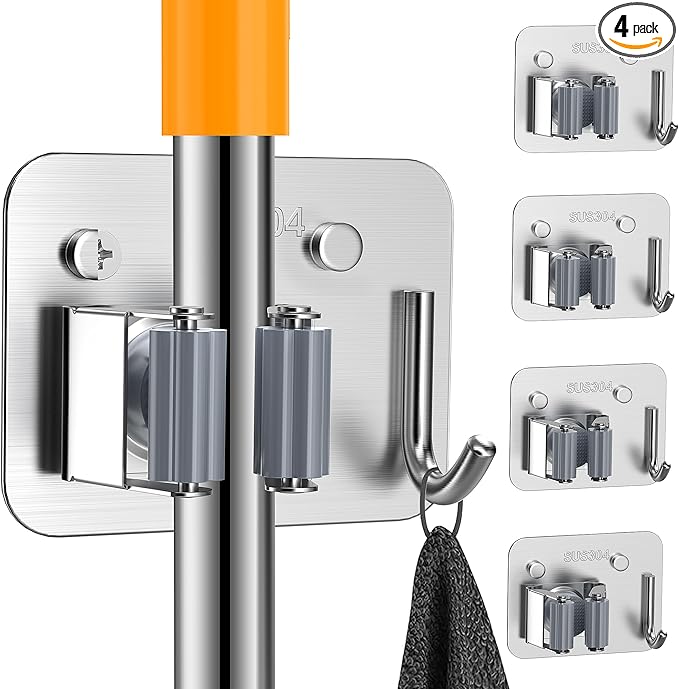 4 Pack Stainless Steel Mop and Broom Holder Wall Mount with Hook, Screw Drilling Mop and Broom Hanger, Single Heavy Duty Storage Rack for Laundry Garage Closet Garden Tool Organizer, Silver-NeatNest