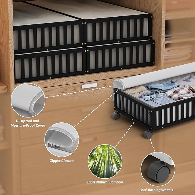 Bamboo Under Bed Storage Containers with Wheels, 1 Pack Large Under the Bed Shoe Storage Bins, Wood Rolling Underbed Drawers Organizer for Bedroom Closet Clothes Blanket Under Crib Toy Black-NeatNest