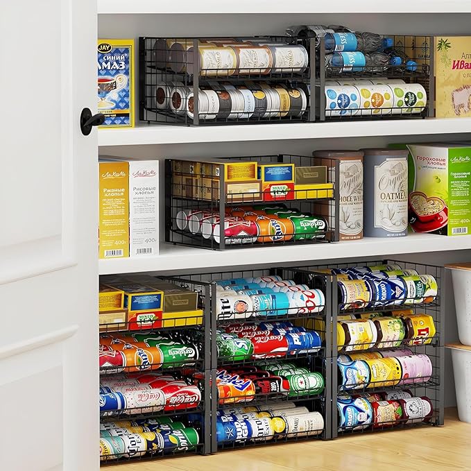 JKsmart 2-Tier Stackable Can Rack Organizer for Pantry, Adjustable Can Dispenser Holds Up to 62 Cans, Can Storage Holder for Various Ounces of Canned Food Soda Drinks, Black, 2 Pack (Petent Pending)-NeatNest