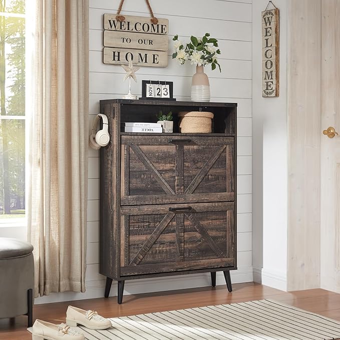 Shoe Storage Cabinet,Farmhouse Shoe Organizer with 2 Flip Drawers & Barn Door Design,Freestanding Hidden Slim Narrow Shoe Rack Cabinet with Open Storage for Entryway, Foyer,Hallway, Dark oak-NeatNest